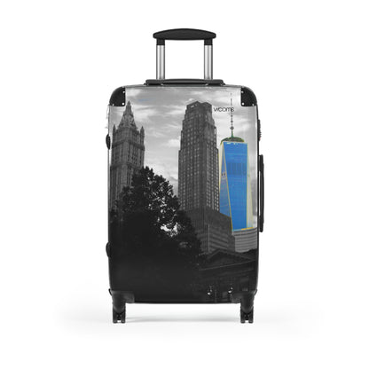 New York Skyline Carry-On Suitcase — Black & White Cityscape with Blue One World Trade Center Accent