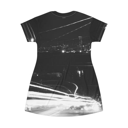 City Night Lights Dress — Black & White Long Exposure Urban Landscape