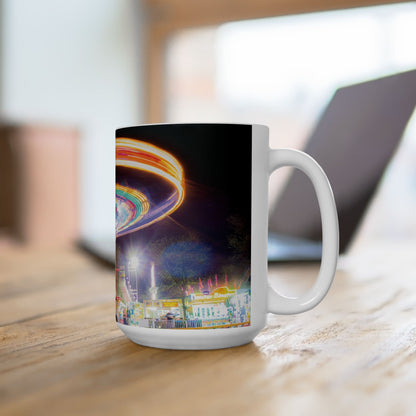 Elegant 15oz Ceramic Coffee Mug printed with a beautiful town fair image.