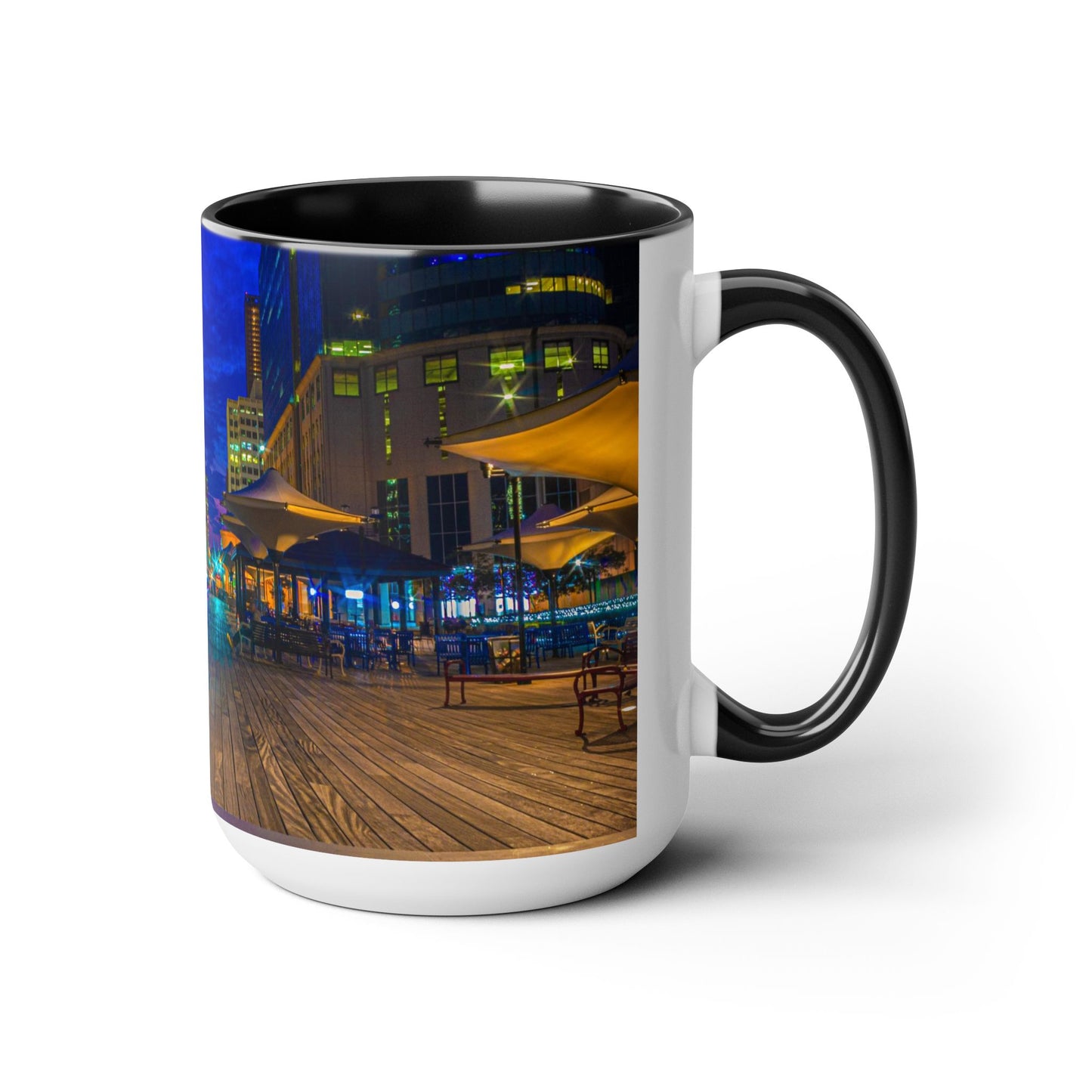 Two Tone, 15oz Ceramic Coffee Mug, Printed with a High-Res Beautiful Urban Landscape from Exchange Place, New Jersey.