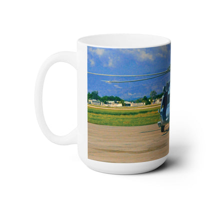 Elegant 15oz Ceramic Coffee Mug printed with a beautiful AH-60 Black Hawk helicopter image.
