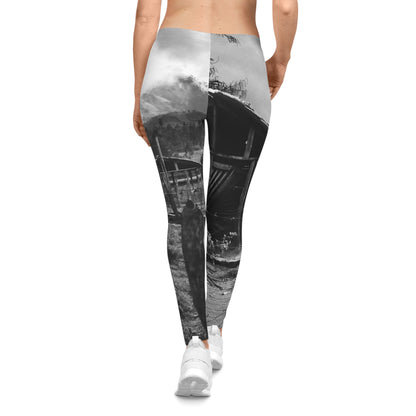 Rustic Village Photo Leggings — Black & White Scenic