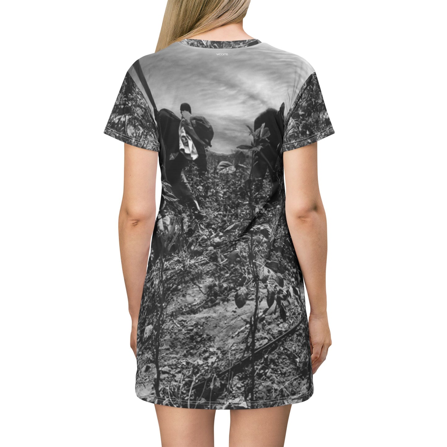 Vintage Black & White Field Scene Dress — Farmers Plowing