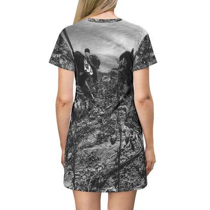 Vintage Black & White Field Scene Dress — Farmers Plowing