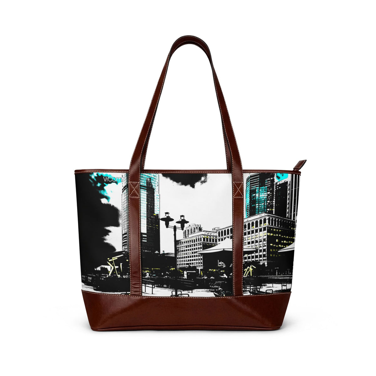 Exchange Place Cityscape Tote Handbag — Modern Urban Skyline Leather-Trim Tote