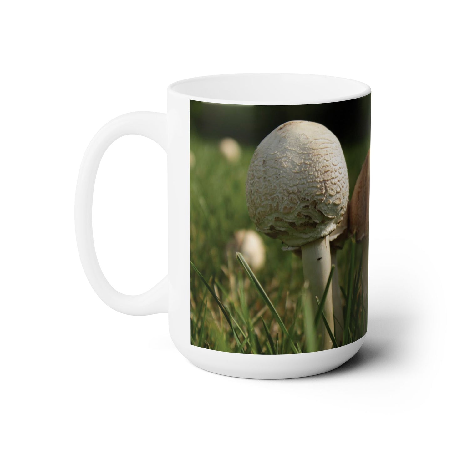 Elegant 15oz Ceramic Coffee Mug with beautiful mushrooms image.