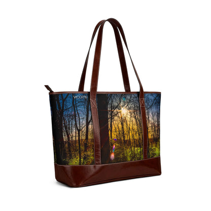 Sunlit Forest Handbag – Scenic Nature Tote Bag with Sunrise Trees Print