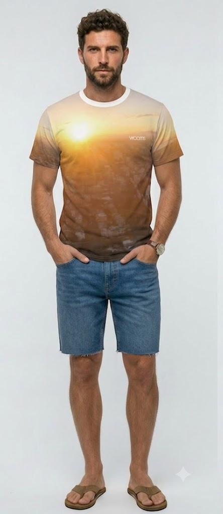 A man modeling a short-sleeve crewneck t-shirt with a sunset landscape graphic, paired with blue denim shorts and brown sandals, standing against a light gray background.