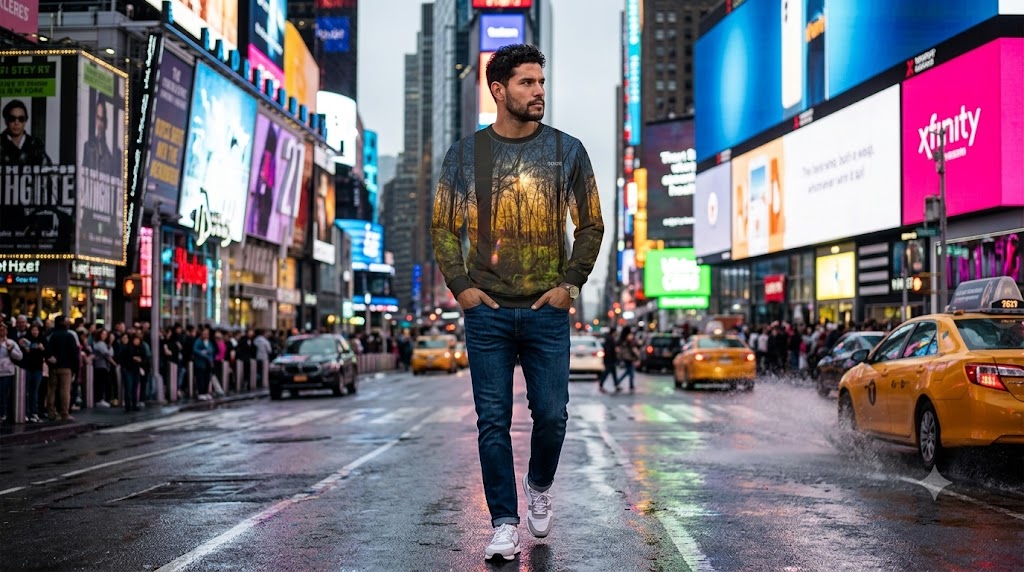 A man walking down a wet Times Square street in New York City, wearing a dark graphic long-sleeve shirt with a forest print, blue jeans, and white sneakers. Yellow cabs, pedestrians, and bright digital billboards are visible in the background.